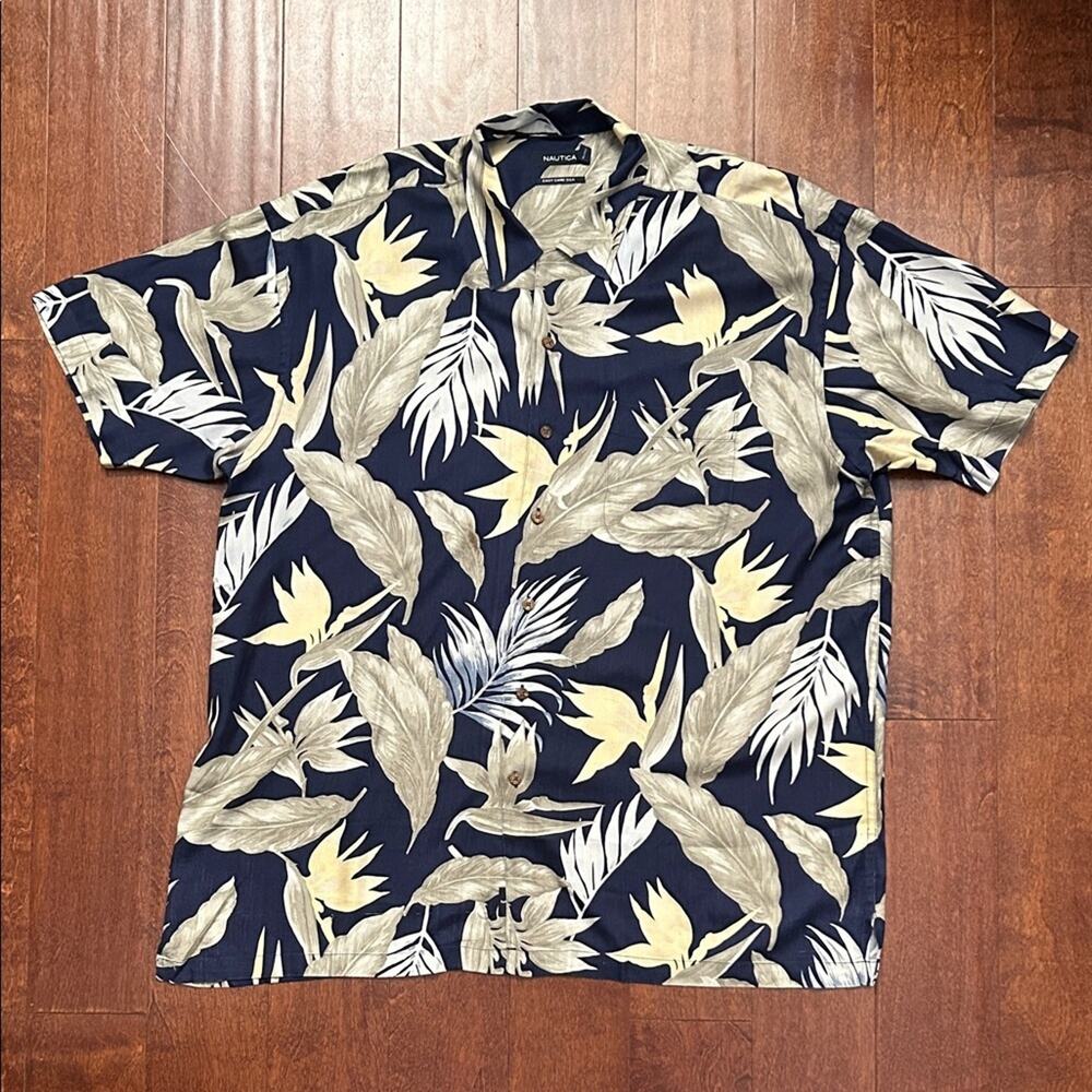Nautica Men's Tropical Leaf Print Shirt, Navy and Beige, 100% Silk, Size XXL